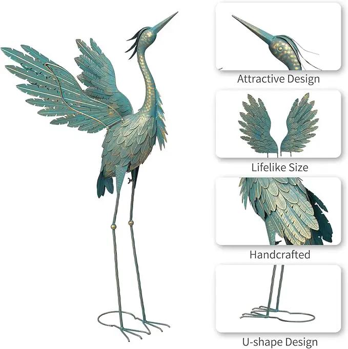Crane Statues for Outdoor, Metal Heron Garden Statues Bird Yard Art, Standing Sculptures for Yard Lawn Pond Garden Decor, 38-42 Inch Set of 2, Cyan by GreenHaven Gardens
