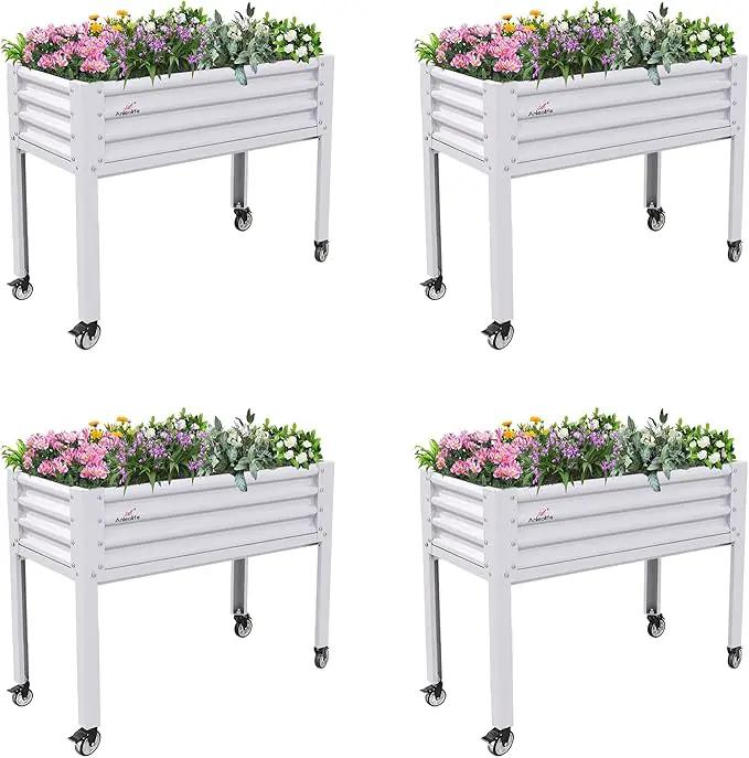 A ANLEOLIFE 4-Set Galvanized Raised Garden Bed with Legs,48x24x35in Large Elevated Planter Box on Wheels with Drainage Holes for Backyard, Balcony, Patio, 600lb Capacity, Antique White by GreenHaven Gardens