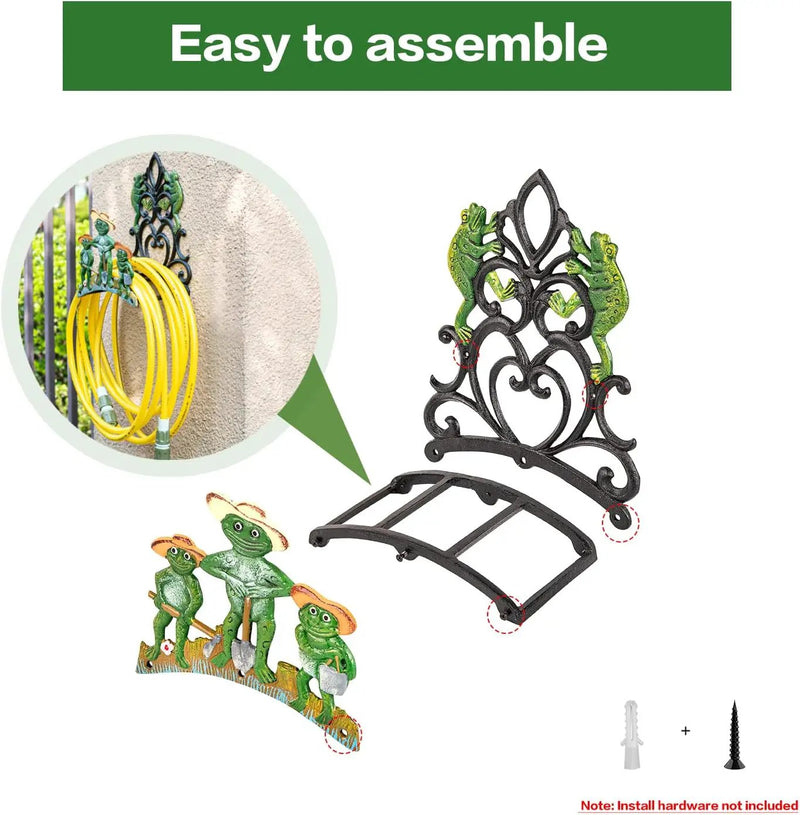 Sungmor Garden Hose Holder Wall Mounted, Large Capacity & Heavy Duty Cast Iron Water Hose Holder for Outside, Pretty & Lovely Hard-working Frogs Hose Reel, Watering Hose Metal Stand Sturdy Pipe Hanger by GreenHaven Gardens