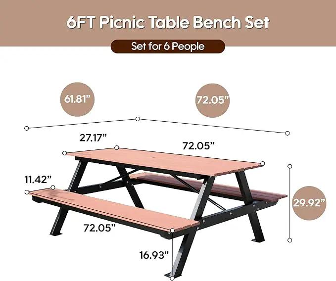 6FT Outdoor Picnic Table and Bench Set with 2" Umbrella Hole, WPC Tabletop Seattop Patio Dining Set for 6 People, Outdoor Dining Table and Chair for Park Garden Yard Patio- Brown by GreenHaven Gardens