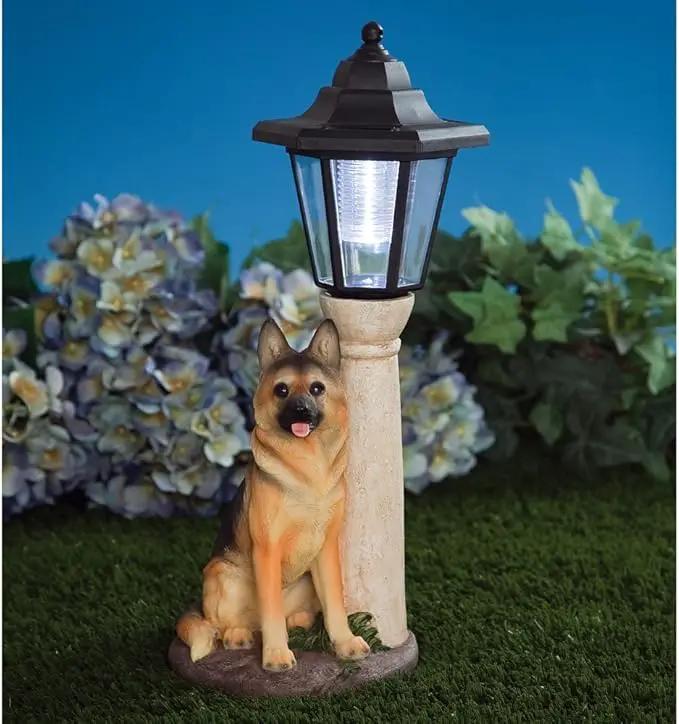 Bits and Pieces-Solar Shepherd Lantern-Solar Powered Garden Lantern - Resin Dog Sculpture with LED Light by GreenHaven Gardens