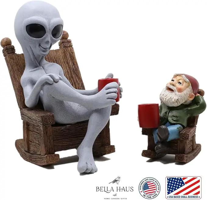 Andre' & Fritz | Celebrating Friendship with a Morning Cup of Coffee | Whimsical Extraterrestrial Outdoor Decor | Garden Statue 2pc Resin Set 6.25”/ 3.50” Tall (Coffee with Friends) by GreenHaven Gardens