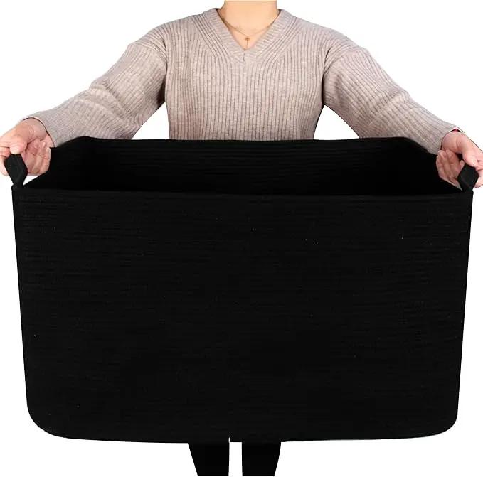 MINTWOOD Design 22in Extra Large Blanket Basket Holder Living Room, Rectangle Rope Woven Storage Basket with Handles for Laundry, Pool Towels, and Shoes, Dog Toy Organizer Bin Box, Full Black by GreenHaven Gardens