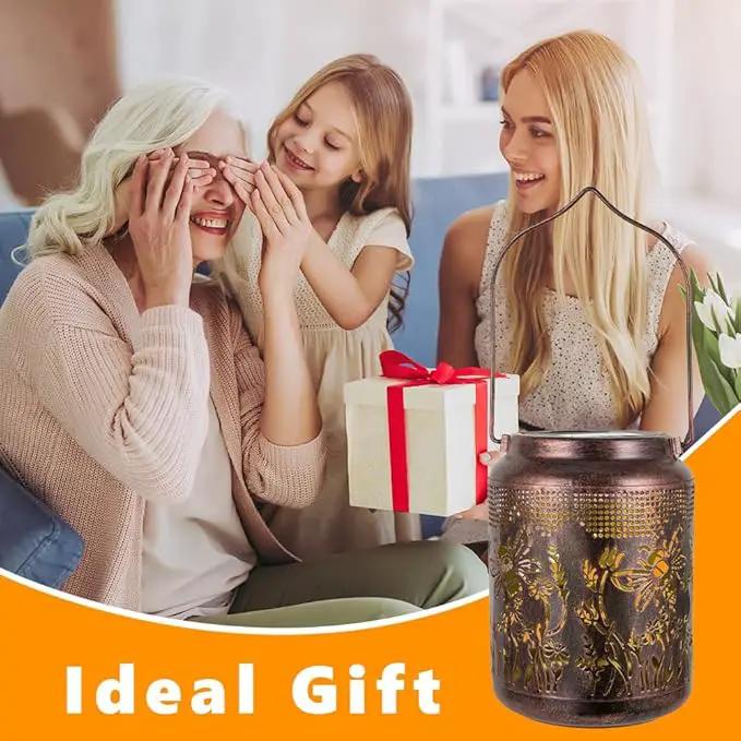 2 Pack Bee Solar Lanterns Outdoor Waterproof Hanging Solar Lights LED 6.9" Metal Flower Bee Decorative Lantern for Patio,Yard,Porch,Table,Garden Birthday Gifts for Women Mom Grandma by GreenHaven Gardens