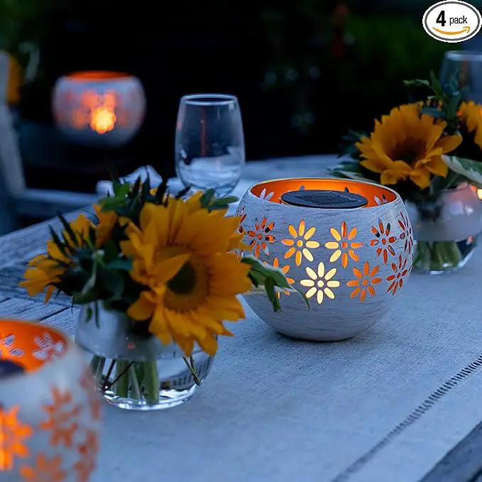 5.4” 4-Pack Decorative Metal Solar Patio Light with Flickering Flame, Waterproof Dusk-to-Dawn Garden Lantern, White by GreenHaven Gardens