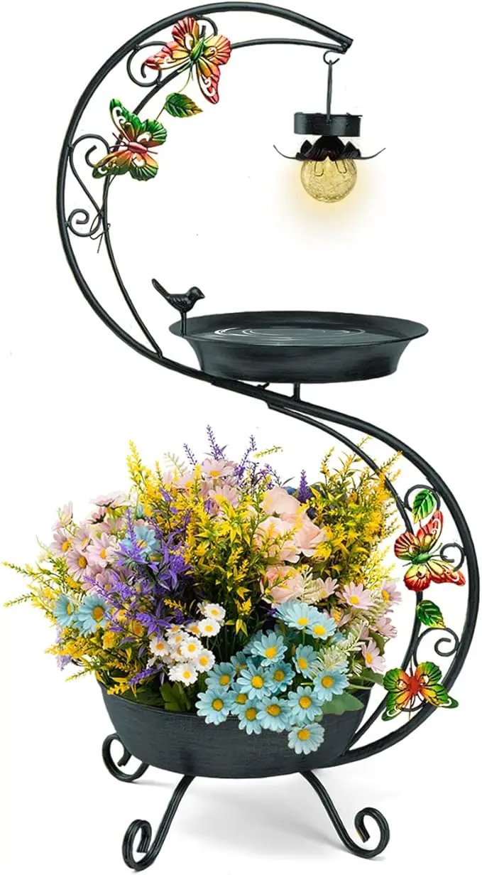 Bird Bath for Outside with Solar Lamp, 36" Birdbaths for Outdoors with Planter Flower Pot, Metal Bird Bath Bowl for Garden Yard Decor (All Black) by GreenHaven Gardens