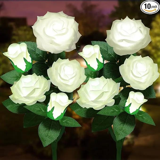 Solar Flower Lights Outdoor - Upgraded New Material Two Modes Realistic LED Solar Powered Waterproof Lights with 5 Roses, Solar Decorative Stake Lights for Garden (White, 2 Pack) by GreenHaven Gardens