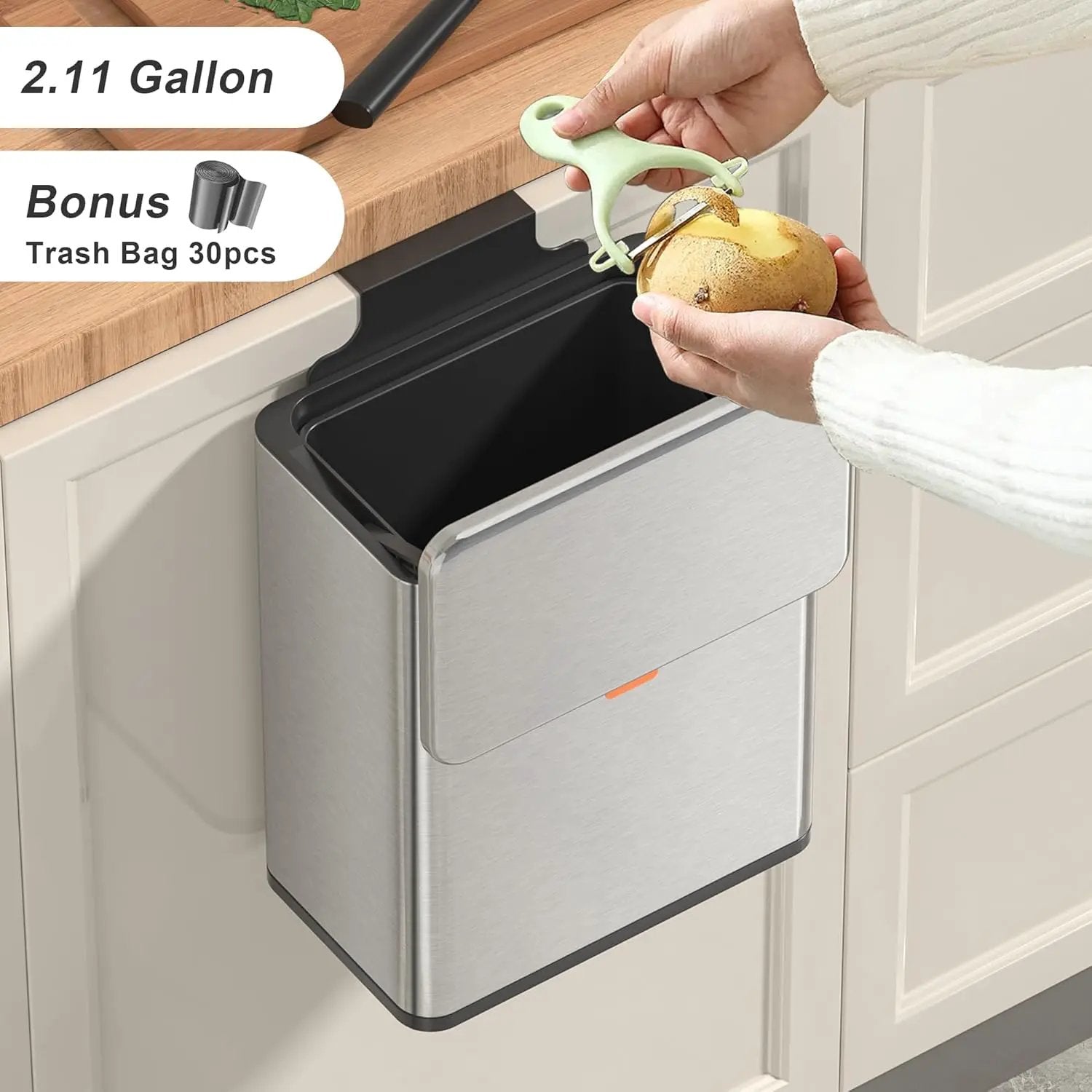 Mbillion Kitchen Compost Bin Hanging Trash Can with Lid 2.1 Gallon Stainless Steel Garbage Can for Kitchen Cabinet Door Mounted Trash Can Under Sink Door RV Bathroom,Silver by GreenHaven Gardens