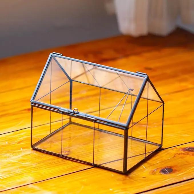 NCYP Mini Glass Terrarium with Lid - 6.1" x 4.25" x 4.92" House Shape Closed Planter Pot for Small Cactus, Succulents Plant - Home Garden Office Tabletop Geometric Decor, Black (Terrarium Only) by GreenHaven Gardens