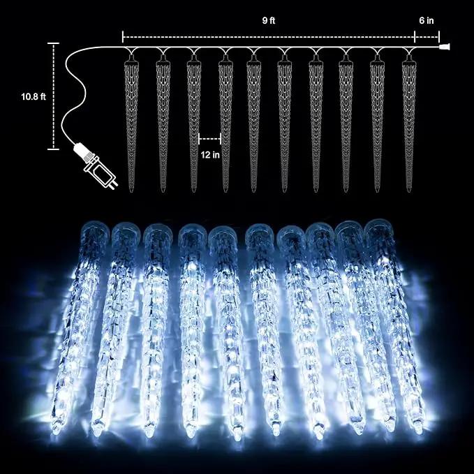 Christmas Icicle Lights Outdoor, 10Ft Meteor Shower Lights with 10 Ice Shaped Tube, Snowfall Shooting Star Light Effect, Falling Crystal Christmas Decorations for House Eave Roofline, Cool White by GreenHaven Gardens