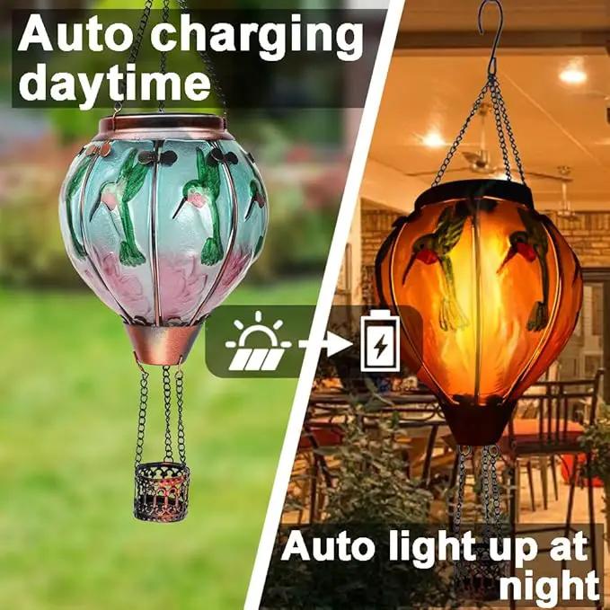 2PC Hot Air Balloon Solar Lantern with 2PC Shepherd Hook, Flickering Flame Hanging Solar Lanterns Outdoor Lights Waterproof Lanterns Decorative Garden Patio Yard Party Decor (Hummingbirds) by GreenHaven Gardens
