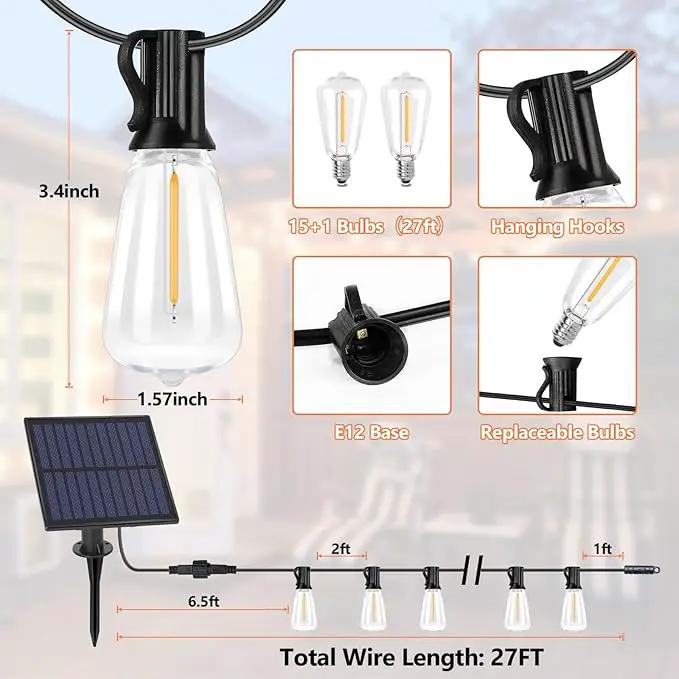 Bosceos Solar String Lights Outdoor with Remote, 27FT Solar Powered LED Lights for Outside with 16 Shatterproof ST38 Bulbs, Dimmable Light String, Patio Hanging Light for Backyard Garden Party Decor by GreenHaven Gardens