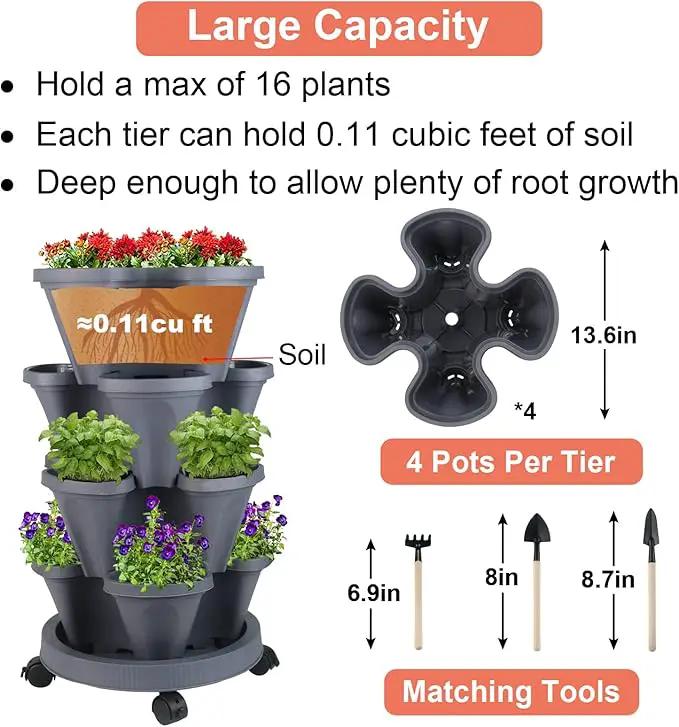 Vertical Planter 4 Tier Stackable Planters Garden Planters Strawberry Herb Flower and Vegetable Planter Indoor Outdoor Gardening Pots with Removable Wheels and Tools by GreenHaven Gardens