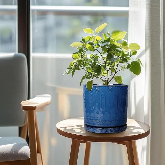Ceramic Planter - 8 Inch Plant Pot Indoor with Drainage Holes and Saucer Round Planter Outdoor Mid-Century Modern Flower Pot Succulent Pot for Home Decor Blue by GreenHaven Gardens
