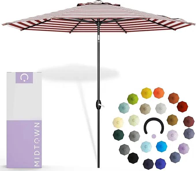 MIDTOWN UMBRELLAS The Lean 9 Feet Outdoor Umbrella With Terylast Red Stripes (Red/White Stripes) Polyester Fabric - 8 Ribs Aluminum Frame Patio Umbrella With Zinc Alloy Crank Lift And Auto-Tilt System by GreenHaven Gardens