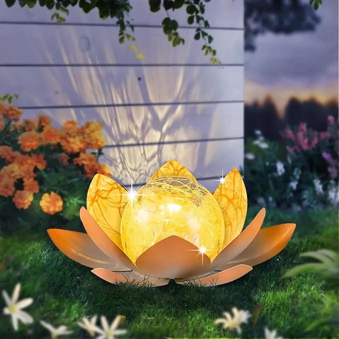 Huaxu Solar Lights Outdoor Garden Decoration Crackle Globe Glass Waterproof LED Metal Peach Lotus Flowers Gift for Mom,Women,Patio,Lawn,Walkway,Tabletop,Ground by GreenHaven Gardens