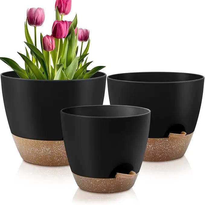 Plant Pots 12/10/9 Inch Self Watering Pots, Set of 3 Plastic Planters with Drainage Holes and Saucers,Plastic Flower Pots,Nursery Planting Pot for Indoor Out Door Plants(Black) by GreenHaven Gardens