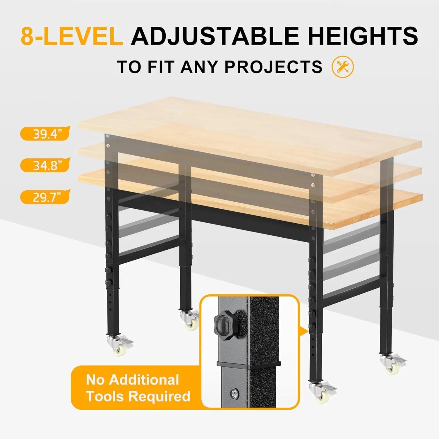 48’’ Work Bench Adjustable Workbench Heavy Duty Work Table with Wheels, 2000 Lbs Capacity Hardwood Work Benches for Garage, Workshop, Office, Home by GreenHaven Gardens