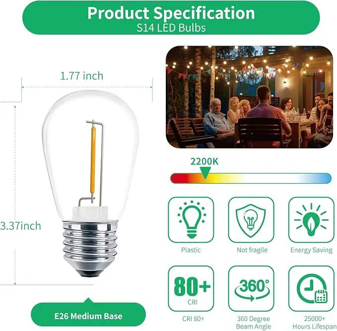 Meconard 30 Pack S14 Edison String Light Bulbs, 1 Watt Replacement Bulbs for Outdoor String Lights, Low Wattage Shatterproof LED Filament Patio Bulbs, E26 Medium Base, 2200K Warm White, Non-Dimmable by GreenHaven Gardens