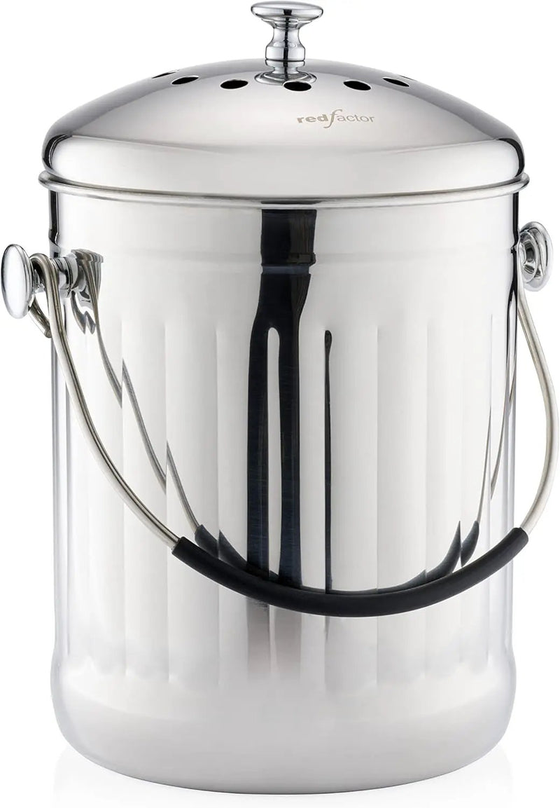 RED FACTOR Premium Compost Bin for Kitchen Countertop - Stainless Steel Food Waste Bucket with Innovative Dual Filter Technology - Includes Spare Filters (Brilliant Steel, 1.3 Gallon) by GreenHaven Gardens
