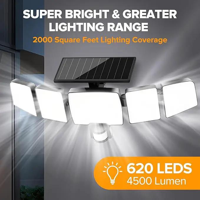 UME Solar Outdoor Lights 620 LED 4500LM, IP65 Waterproof Motion Sensor Outdoor Lights, 5 Heads Solar Security Flood Light 270 Wide Lighting Angle with 3 Modes for Garden Patio Yard - 2 Pack by GreenHaven Gardens