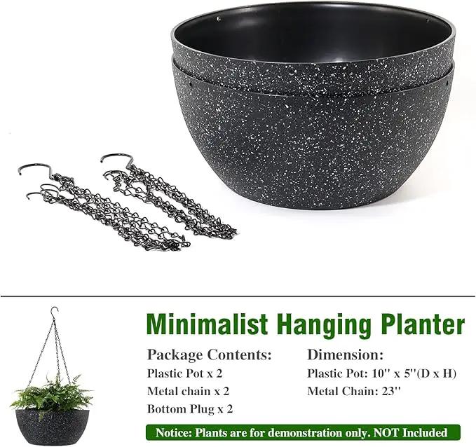 10 inch Hanging Planters for Outdoor Indoor Plants with Drainage Holes and Chain, 2 Pack Round Hanging Flower Pots for Garden Home Porch Decor, Speckled Black by GreenHaven Gardens