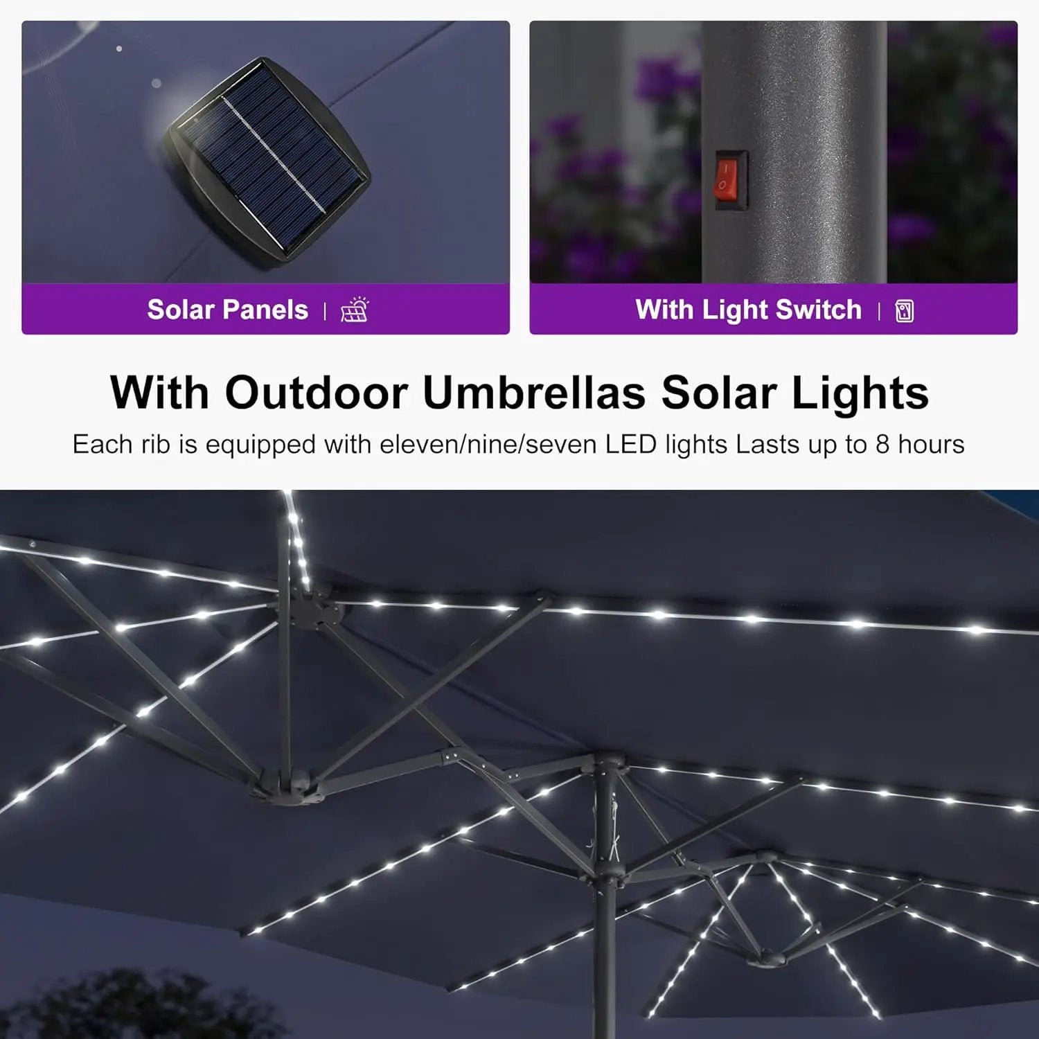 PURPLE LEAF 14ft Patio Umbrella with Solar Lights Outdoor Double-Side Market Umbrella with Base Included Rectangle Table Umbrella for Pool Garden Backyard, Navy blue by GreenHaven Gardens