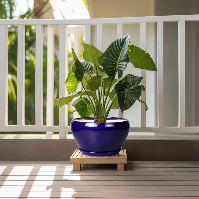 Ceramic Planter Pot 11 Inch - Indoor Planter Pot for Plants with Drainage Hole and Saucer Large Planter Round Outdoor Flower Pot Mid-Century for House Patio Decor Blue by GreenHaven Gardens