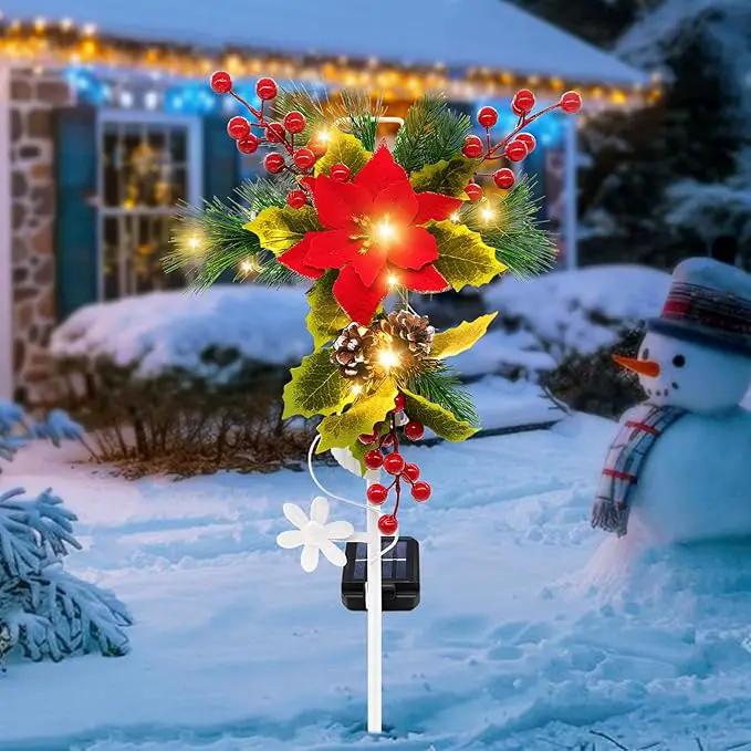 Solar Christmas Decorations Outdoor, 32 Inch Solar Christmas Cross Stake Lights, Waterproof Grave Decorations with Poinsettia Flower Pinecones Red Berries for Garden Yard Patio Lawn Cemetery by GreenHaven Gardens