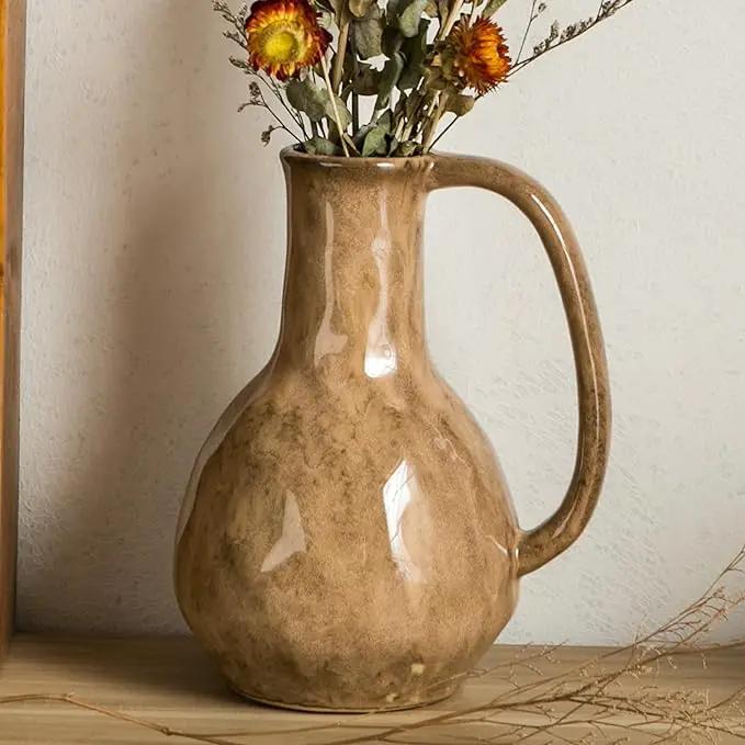 Brown Ceramic Vase with Big Handles, Modern Farmhouse Decor, Rustic Pottery for Flowers, Decorative Terracotta Centerpiece for Dining Table by GreenHaven Gardens