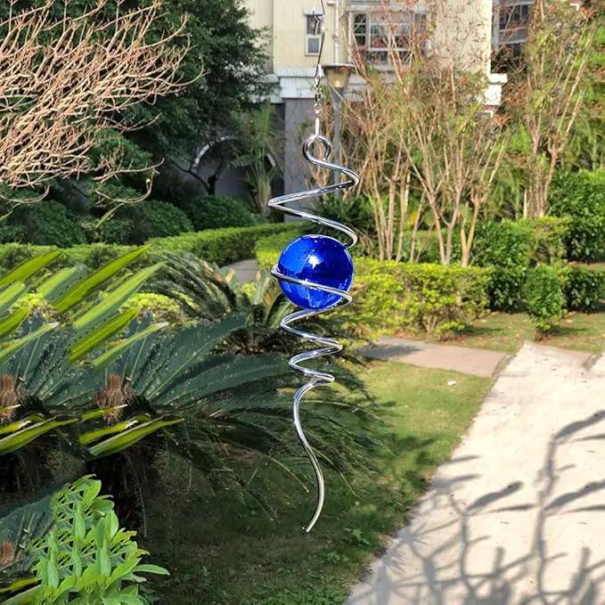 FONMY Gazing Ball Spiral Tail -Decorative Wind Spinner 11" inch Tail and 2" inch Blue Glass Orb. Indoor Outdoor Garden Decoration -13 inch Height by GreenHaven Gardens