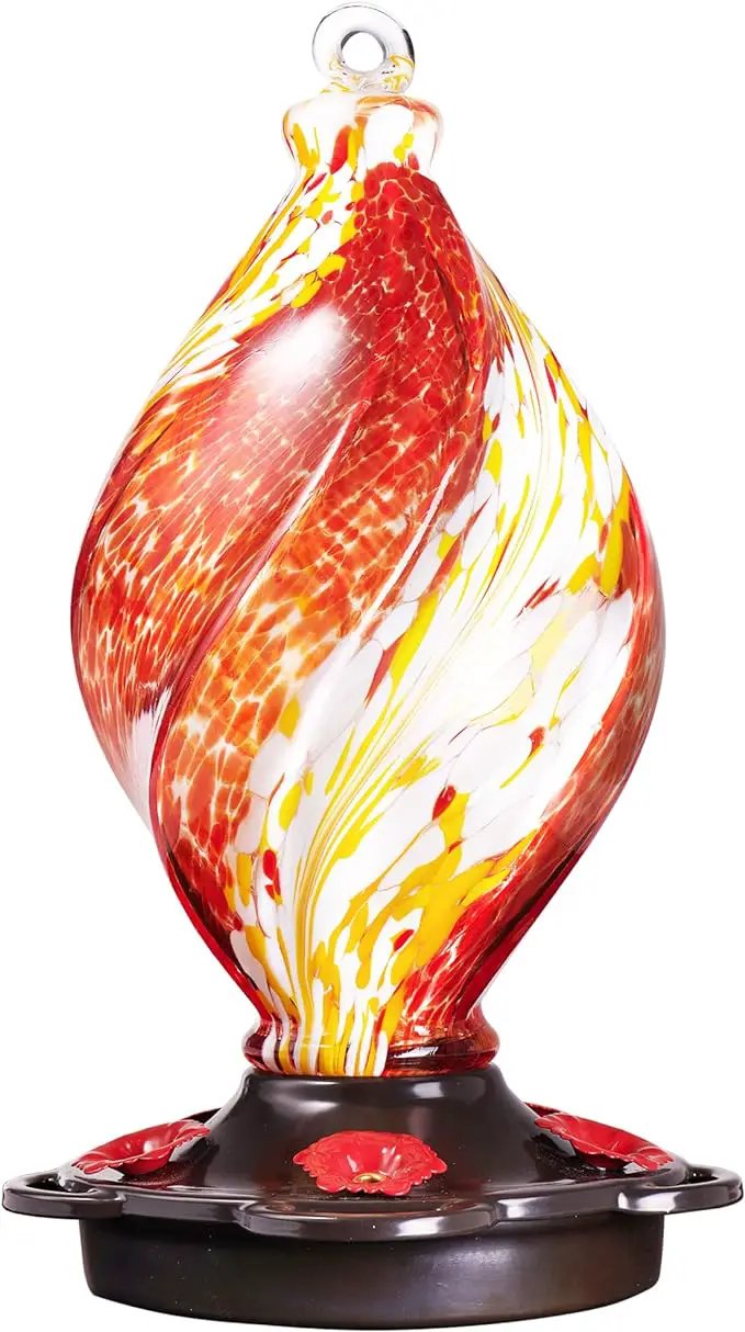 LUJII Ice Cream Shaped Spiral Hummingbird Feeder, Hand Blown Glass, 28 fl.oz, Leak Proof & Rustproof, Includes an Ant Moat for Outdoors Hanging, Unique & Stylish Garden, Outside & Backyard Decor (Red) by GreenHaven Gardens