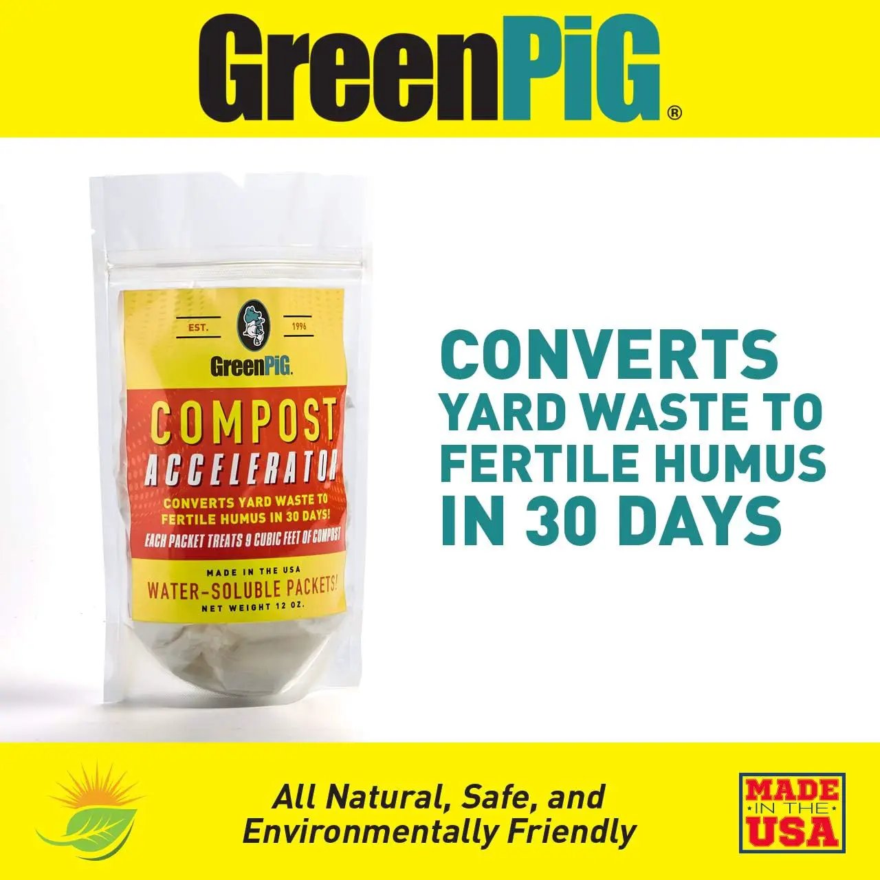 GREEN PIG Compost Accelerator Converts Yard Waste to Fertile Humus in 30 Days and Helps Control Odors Associated with Compost Piles, 1 Bag (12 Dissolvable Packets) by GreenHaven Gardens