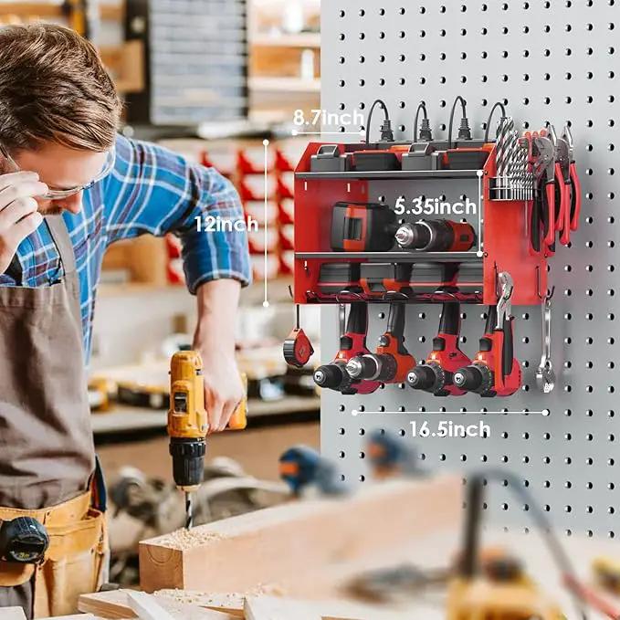 CCCEI Modular Power Tool Organizer Wall Mount with Charging Station. Garage 4 Drill Storage Shelf with Hooks, Screwdriver, Drill Bit Heavy Duty Rack, Tool Battery Holder Built in 8 Outlet Power Strip. by GreenHaven Gardens