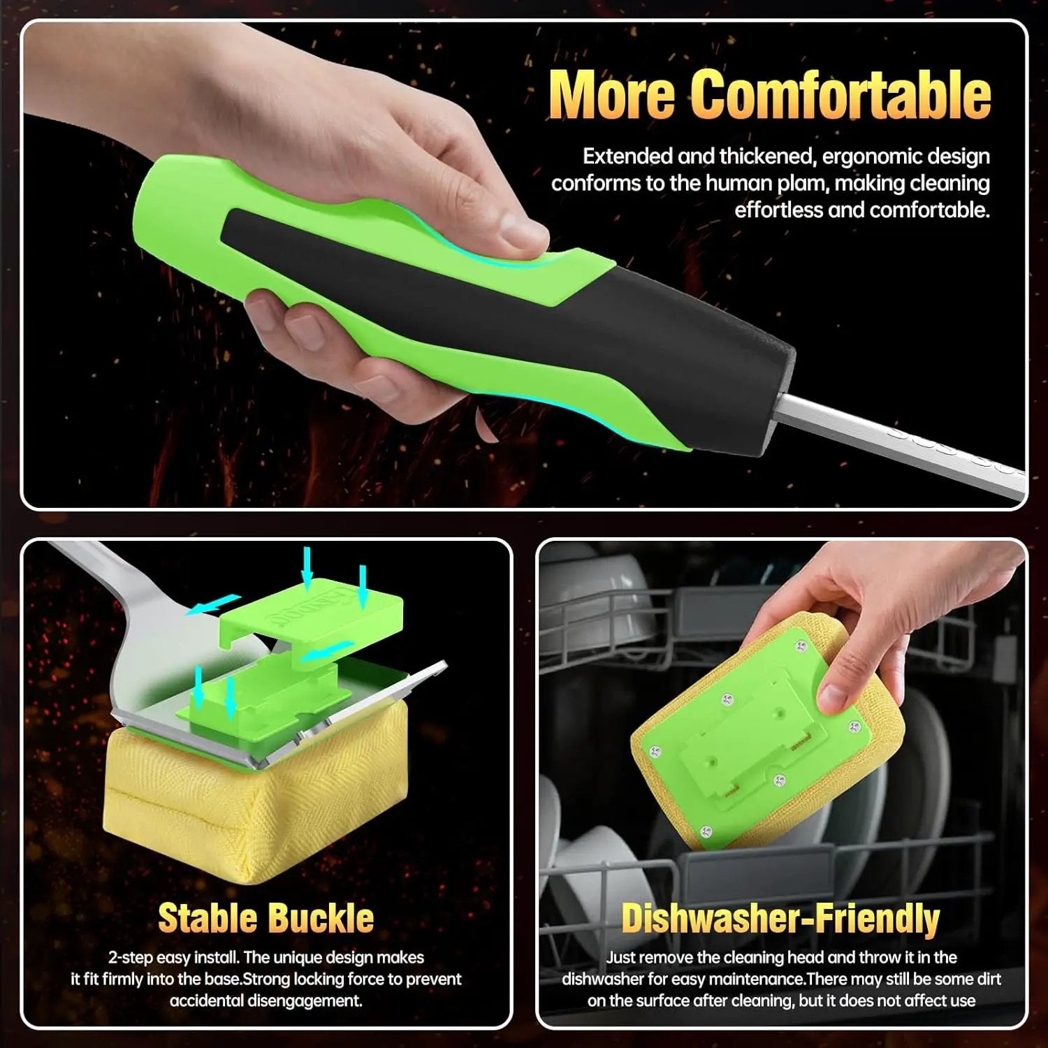 Grill Brush Bristle Free for Outdoor Grill, Steam Grill Cleaning Brush Replaceable BBQ Cleaner Brush Head,Extended Handle, Safe Grill Brush with Scraper for Cast Iron Stainless-Steel Grates, Green by GreenHaven Gardens