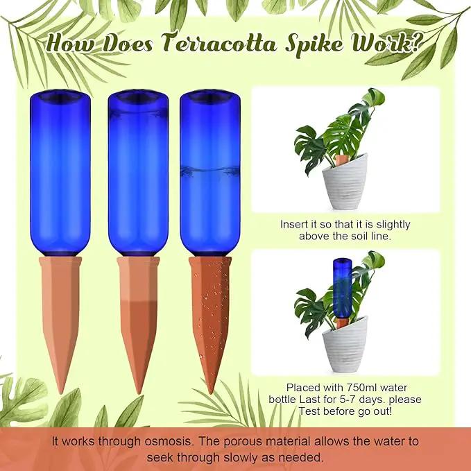 12 Pack Plant Watering Devices Include 6 Terracotta Self Watering Spikes and 6 Pcs 26 oz Plastic Bottles, Slow Release Vacation Insert Automatic Plant Waterer Device (Blue) by GreenHaven Gardens