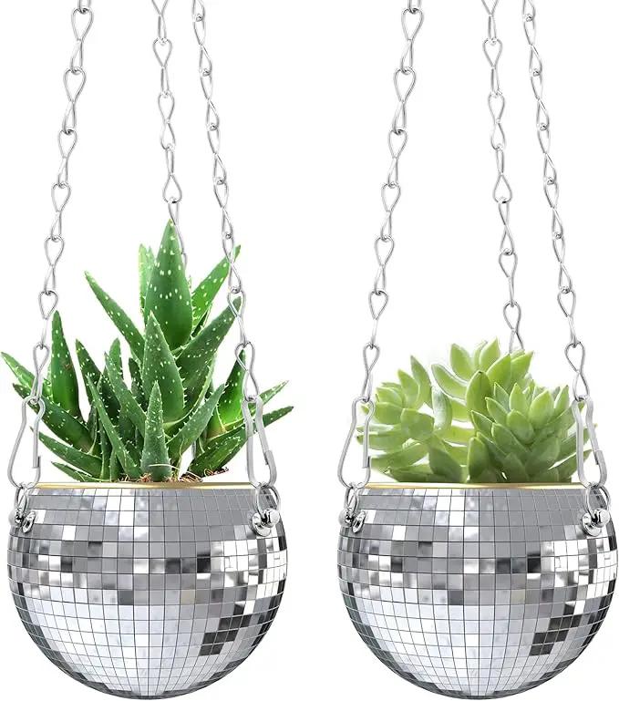 moonoom 2 Pcs Hanging Disco Ball Planter - 4Inch Sliver Disco Mirror Ball Planter with Chain - Home Boho Hanging Planter for Indoor Outdoor Plants by GreenHaven Gardens