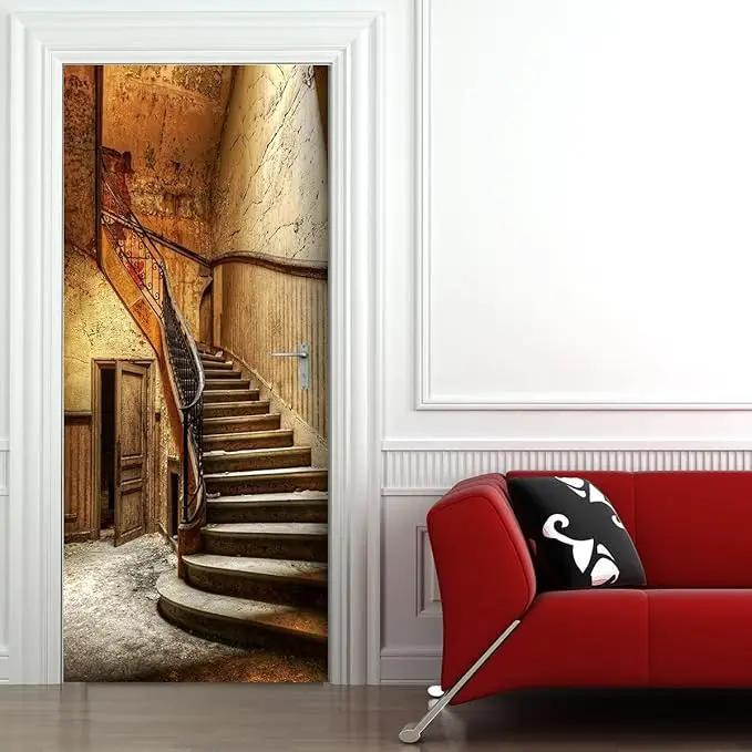 3D Door Wallpaper Self-Adhesive Door Sticker - Old Stairs - Door Film Poster Premium PVC Waterproof Wall Sticker for Bedroom Living Room Door Decoration Wallpaper 77 x 200 cm by GreenHaven Gardens