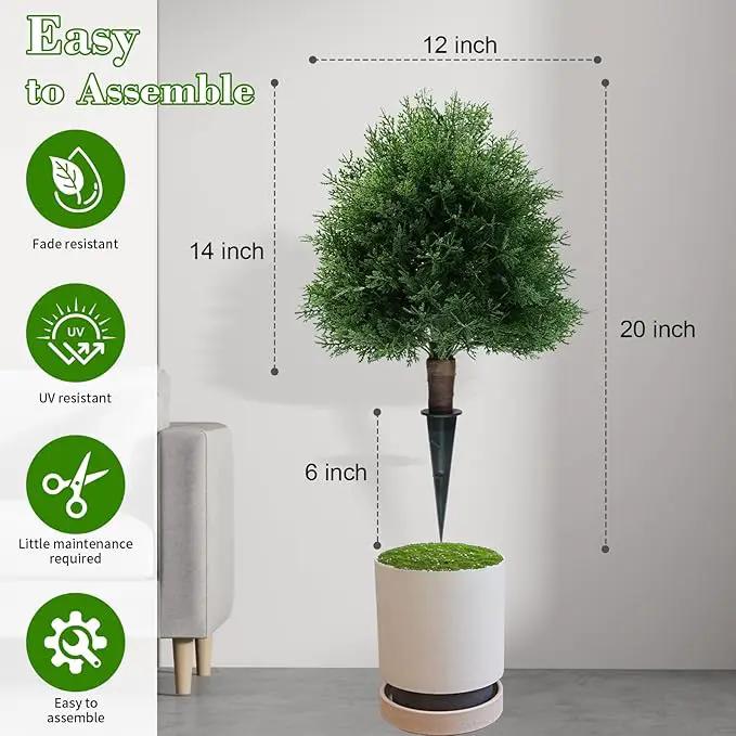 20" Artificial Cedar Topiary Ball Trees with Ground Spike, 2 Pack UV Resistant Artificial Shrubs, Fake Evergreen Artificial Plant Brush for Indoor Outdoor Front Porch Garden by GreenHaven Gardens