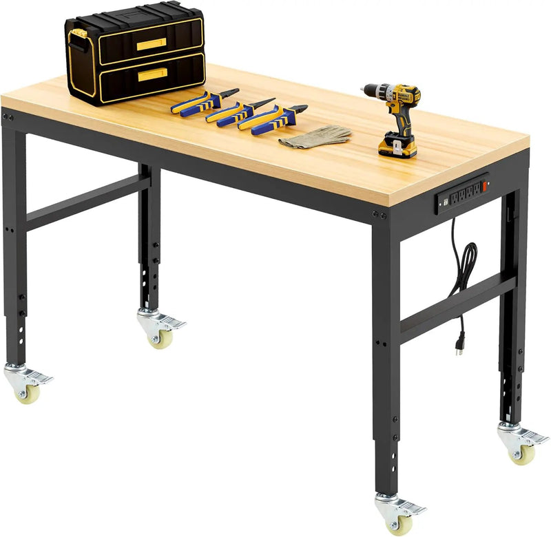 48” Adjustable Workbench，Heavy Duty Wood Work Bench 2000 Lbs Load Capacity,Work Table with Power Outlet and Wheels for Garage, Workshop, Office, Home by GreenHaven Gardens