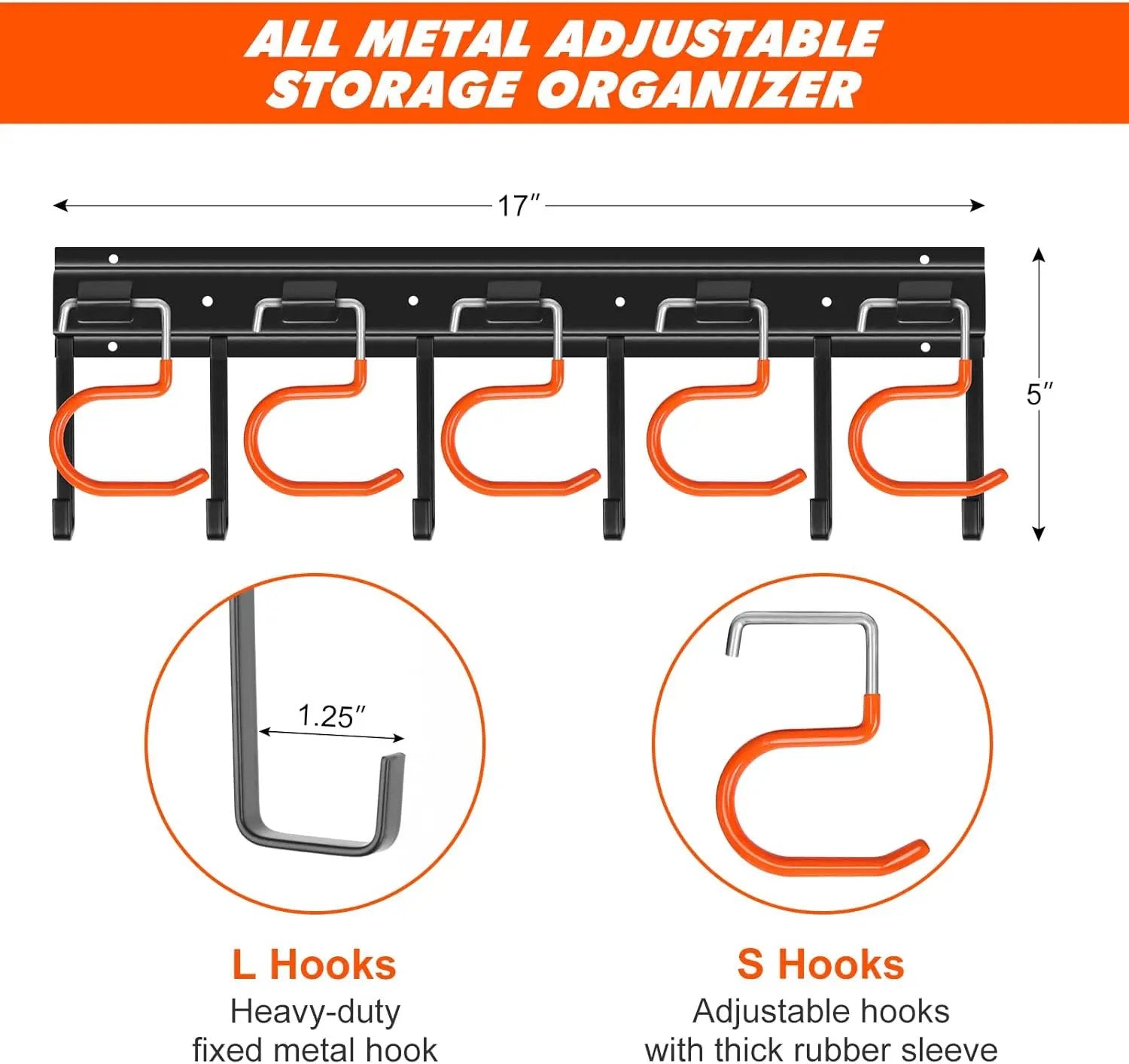 17'' All Metal Garden Tool Organizer Adjustable Garage Tool Organizer Wall Mount Garage Organizers and Storage with Heavy Duty Hooks Tool Hangers for Garage Wall, Shed, Garden by GreenHaven Gardens