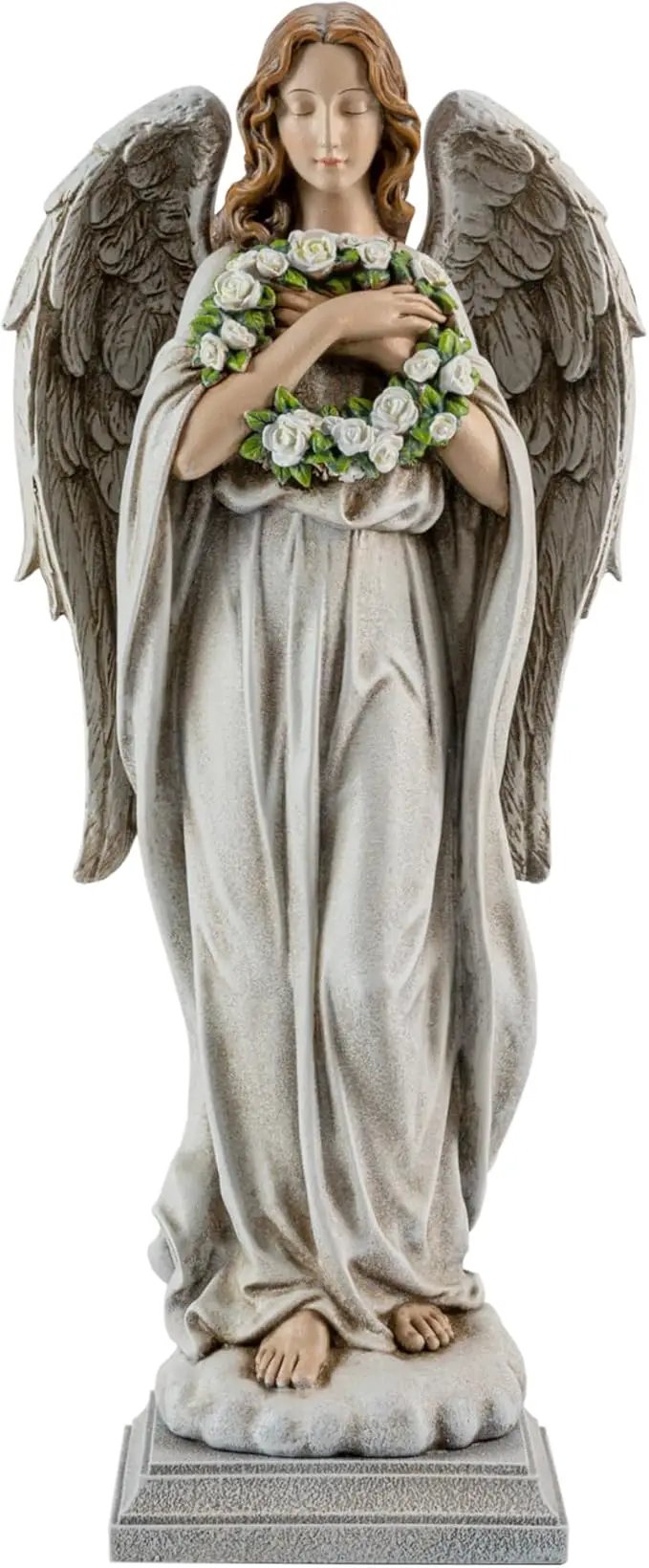 Garden Angel with Flower Wreath Statue - 16" Outdoor Memorial Angel Decor by GreenHaven Gardens