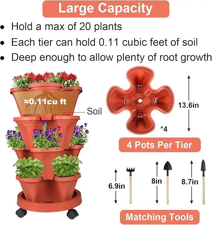 Vertical Planter 4 Tier Stackable Planters Garden Planters Strawberry Herb Flower and Vegetable Planter Indoor Outdoor Gardening Pots with Removable Wheels and Tools 2-Pack by GreenHaven Gardens