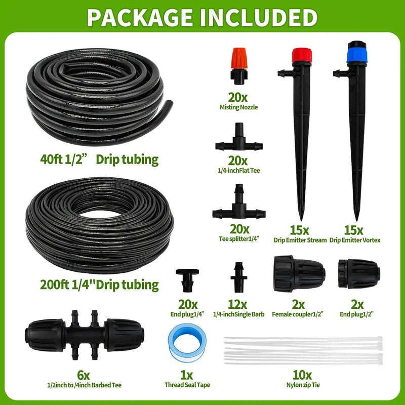 240FT Drip Irrigation System,Automatic Drip Irrigation Kit with 1/2 inch Hose 1/4 inch Distribution Tubing and Accessories,for Lawn Raised Bed Greenhouse Plant Watering System by GreenHaven Gardens