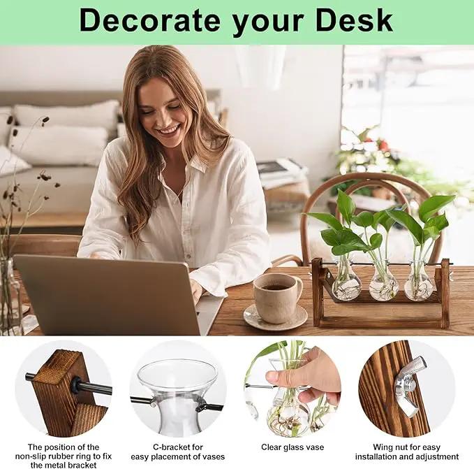 YIBOT Propagation Stations,Plant Terrarium with Retro Wooden Stand, Unique Gardening Birthday Gifts for Women Plant Lovers, Hydroponics Plants Home Office Garden Decor - 3 Bulb Glass Vases by GreenHaven Gardens