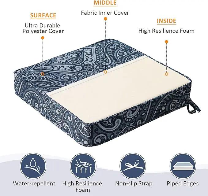 Square Corner Seat Cushions, 19" x 19" x 3", Set of 4, Indoor Outdoor Water Repellent Universal Chair Pads with Ties for Patio Furniture, Garden Deck Dining Chairs, Damask Blue Flower by GreenHaven Gardens
