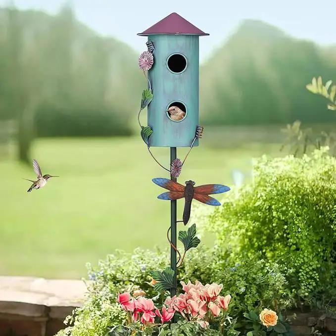 BAYN 57” Bird Houses Stake for Outside, Metal Wild Bird Feeder Double-Hole Birdhouse Stake with Cylinders Design Outdoor Decorations for Patio, Backyard, Garden by GreenHaven Gardens