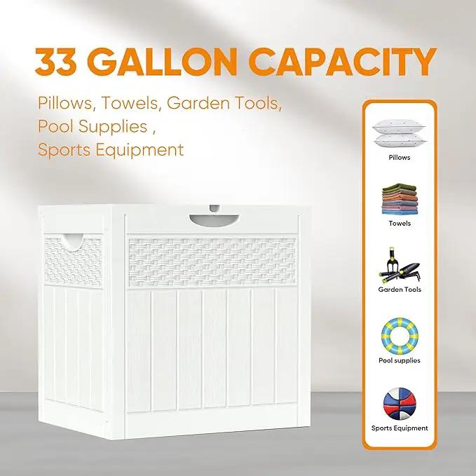 33 Gallon Resin Deck Box, Weatherproof Outdoor Storage Box for Patio, Garden and Yard, Lockable Waterproof Bin for Tools, Cushions, and Accessories, White by GreenHaven Gardens