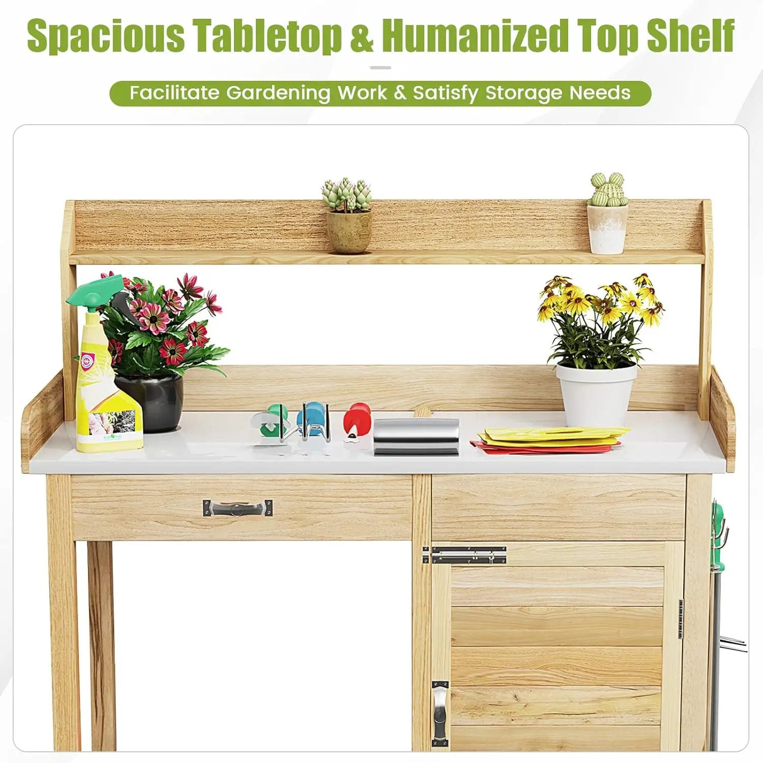 S AFSTAR Outdoor Potting Bench Table, Wooden Garden Work Station with Drawer, Storage Cabinet, Open Shelf, Side Hooks, Metal Tabletop Gardening Workbench, Potting Benches for Outside Backyard Balcony by GreenHaven Gardens