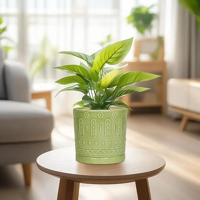 Ceramic Pot for Plants - 6 Inch Indoor Planter with Drainage Hole and Saucer, Round Decorative Flower Pots Outdoor, Boho Succulent Planter, Garden Home Decor, Gifts for Plant Lover, Green by GreenHaven Gardens